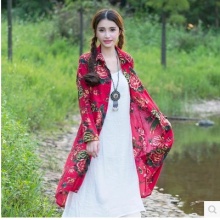 文艺民族风大码女装印花棉麻长款开衫风衣外套 四码花之馨