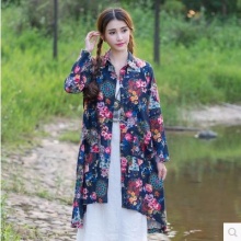 文艺民族风大码女装印花棉麻长款开衫风衣外套 四码花之馨