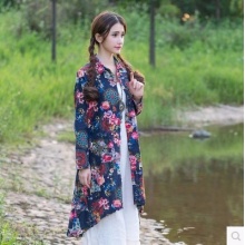 文艺民族风大码女装印花棉麻长款开衫风衣外套 四码花之馨