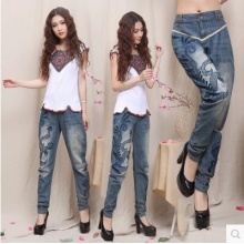 绣花时尚百搭 磨白 牛仔裤 长裤 哈伦裤 萝卜裤