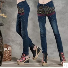 民族风刺绣绣花牛仔长裤 小脚裤 棉质 弹力 牛仔裤