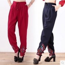 民族风刺绣宽松大码松紧腰女裤 棉麻哈伦长裤 阔腿裤