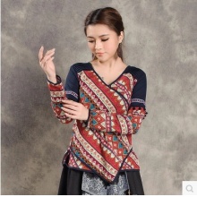 秋冬原创民族风女装棉麻拼接大花衬衫大码女士秋装上衣